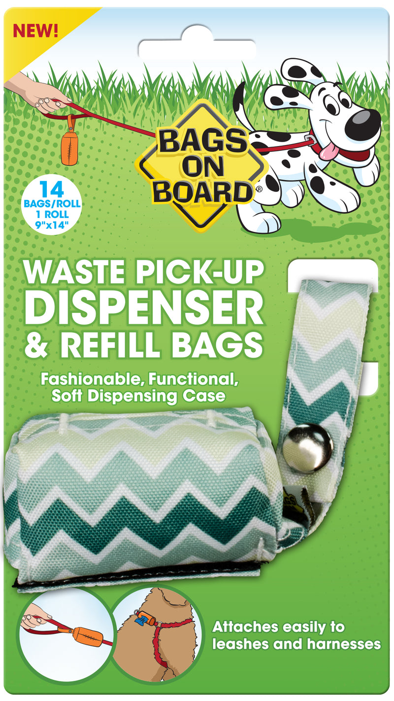Bags on Board Fashion Waste Pick-up Bag Dispenser Green Chevron Print 14 bags