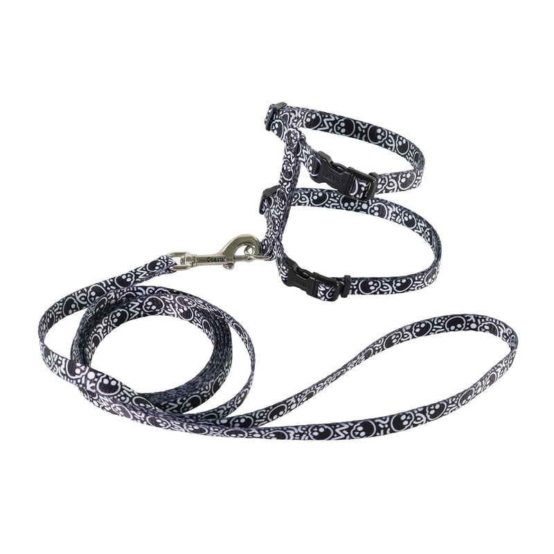 Figure "H" Fashion Adjustable Cat Harness and Leash Combo, Black Skulls, Small - 3/8" x 10"-18"