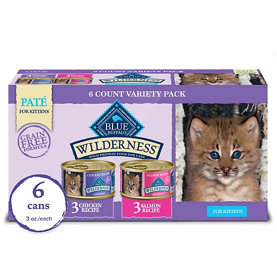 Blue Buffalo Wilderness Kitten Grain-Free Chicken/Salmon Pate Wet Cat Food Variety pk., 3 oz. Can, pk. of 6