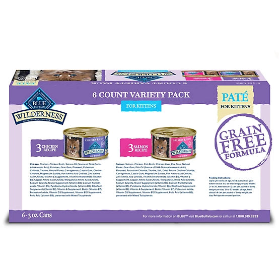 Blue Buffalo Wilderness Kitten Grain-Free Chicken/Salmon Pate Wet Cat Food Variety pk., 3 oz. Can, pk. of 6