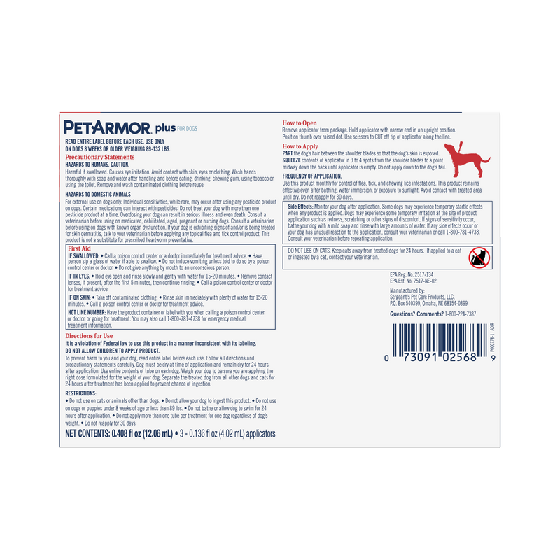 PetArmor Plus Flea & Tick Topical Dog 89-132LB 3CT