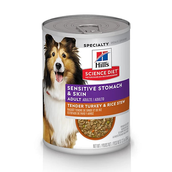 Hill's Science Diet Adult Sensitive Stomach and Skin Tender Turkey and Rice Stew Wet Dog Food, 12.5 oz.
