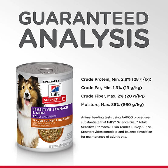 Hill's Science Diet Adult Sensitive Stomach and Skin Tender Turkey and Rice Stew Wet Dog Food, 12.5 oz.