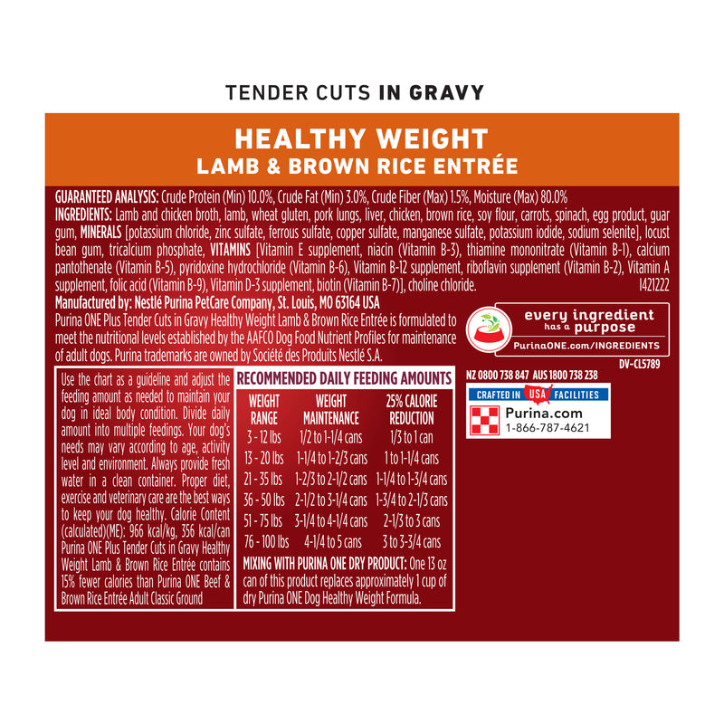 Purina ONE Plus Tender Cuts in Gravy Healthy Weight Lamb and Brown Rice Entree in Wet Dog Food Gravy