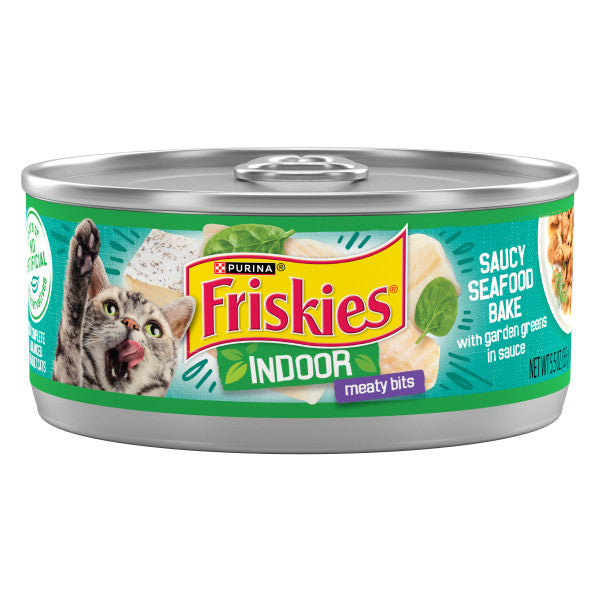 Purina Friskies Indoor Cat Food Meaty Bits Saucy Seafood Bake With Garden Greens in Sauce  - 5.5 oz. Can