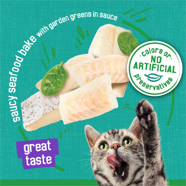 Purina Friskies Indoor Cat Food Meaty Bits Saucy Seafood Bake With Garden Greens in Sauce  - 5.5 oz. Can