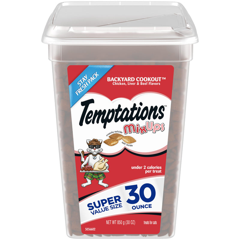 TEMPTATIONS MIXUPS Crunchy and Soft Cat Treats Backyard Cookout Flavor, 30 oz. Tub