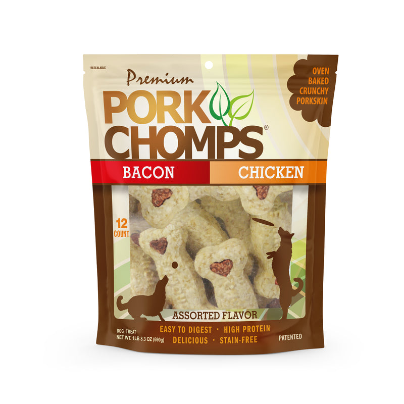 Pork Chomps 4" Assorted Bacon and Chicken Crunchy Bones, 12 count Dog Chews