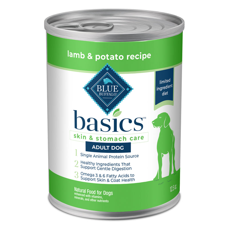 Blue Buffalo Basics Grain-Free Adult Wet Dog Food, Skin & Stomach Care, Limited Ingredient Diet, Lamb Recipe, 12.5-oz. Can