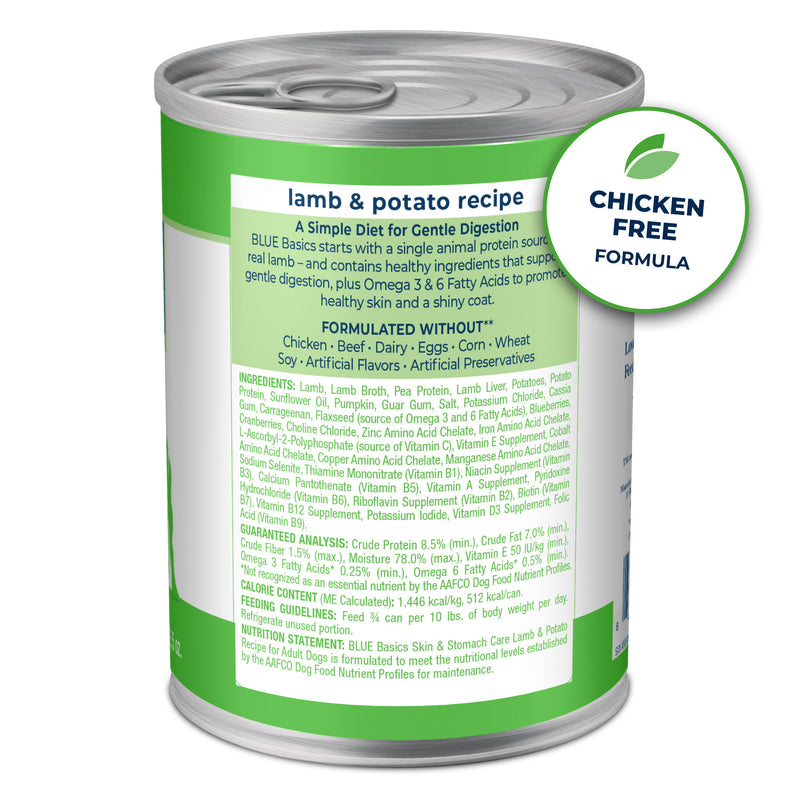Blue Buffalo Basics Grain-Free Adult Wet Dog Food, Skin & Stomach Care, Limited Ingredient Diet, Lamb Recipe, 12.5-oz. Can