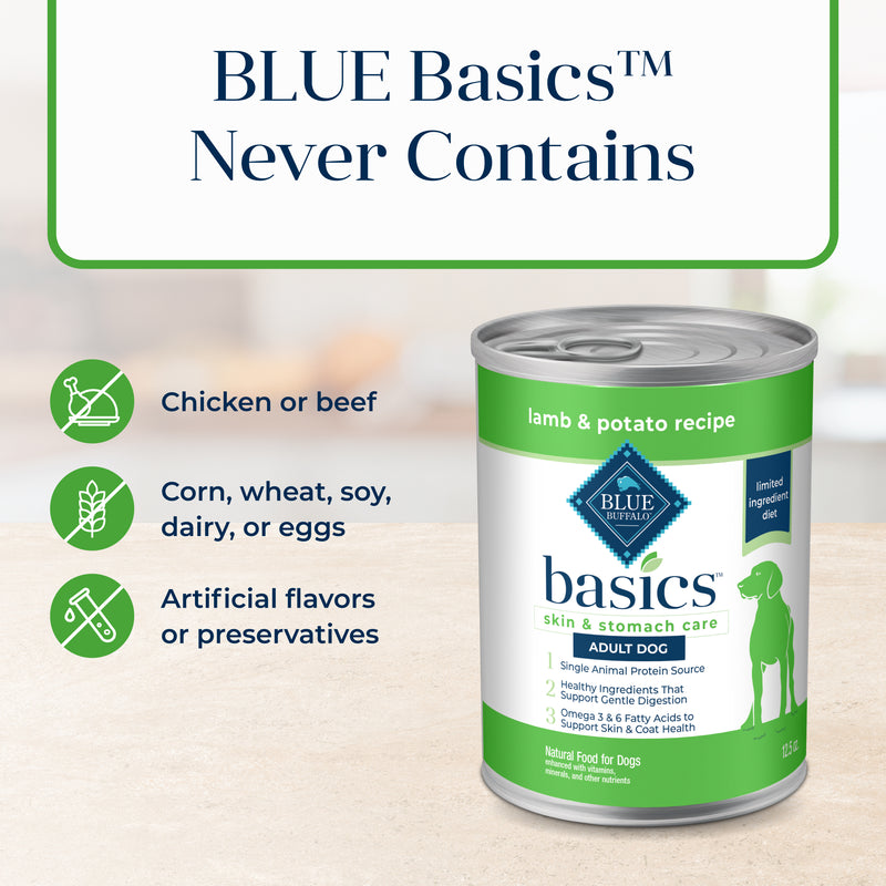 Blue Buffalo Basics Grain-Free Adult Wet Dog Food, Skin & Stomach Care, Limited Ingredient Diet, Lamb Recipe, 12.5-oz. Can