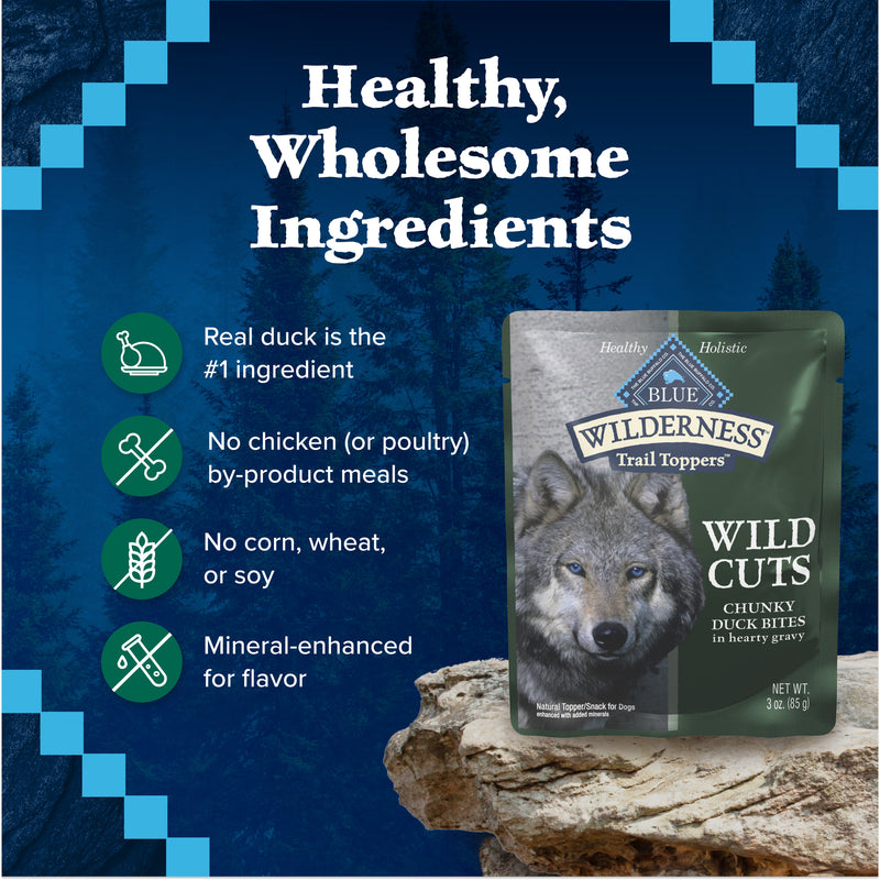 Blue Buffalo Wilderness Trail Toppers Wild Cuts Natural High-Protein Dog Wet Food, Duck Bites in Hearty Gravy, 3-oz Pouch