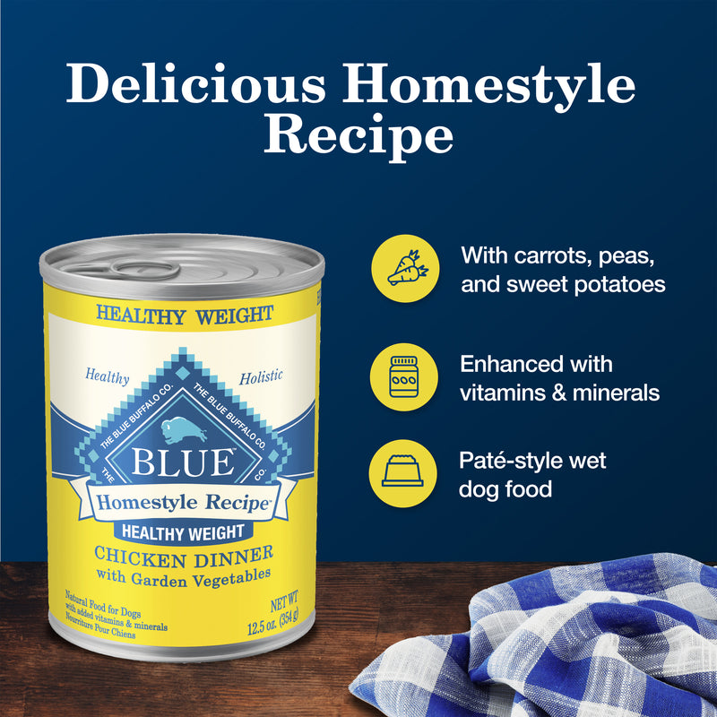 Blue Buffalo Homestyle Recipe Healthy Weight Adult Wet Dog Food, Chicken Dinner With Garden Vegetables, 12.5-oz. Can