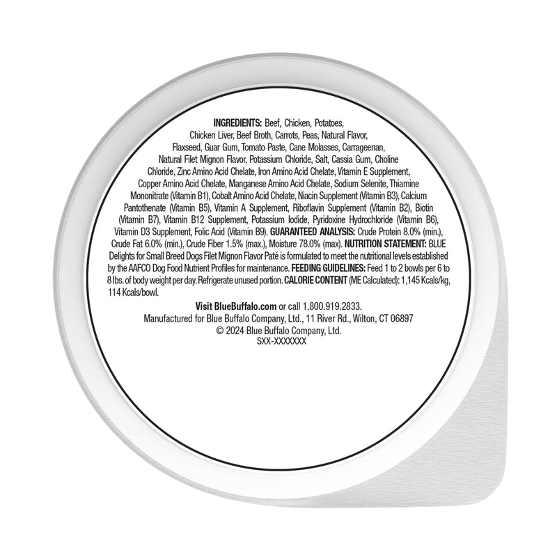 Blue Buffalo Delights Small Breed Natural Wet Dog Food, Filet Mignon Paté, 3.5-oz. Cup