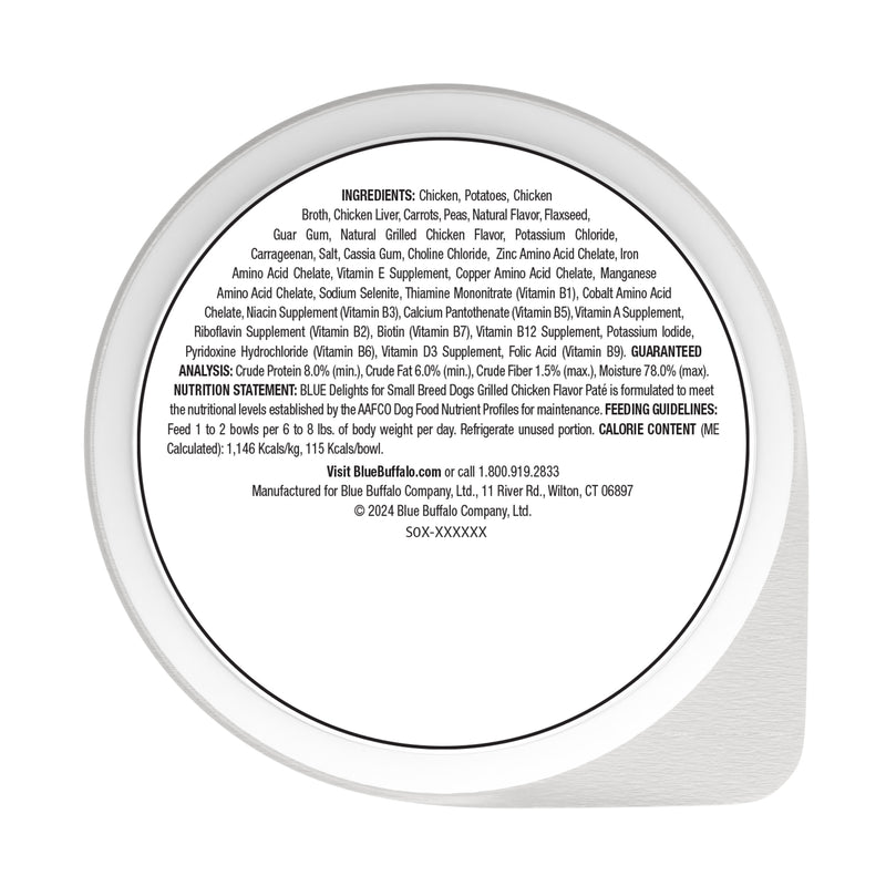 Blue Buffalo Delights Small Breed Natural Wet Dog Food, Grilled Chicken Paté, 3.5-oz. Cup