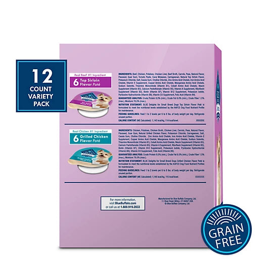 Blue Buffalo Delights Small Breed Adult Grain-Free Top Sirloin/Grilled Chicken Pate Wet Dog Food pk., 3.5 oz. Cup, pk. of 12