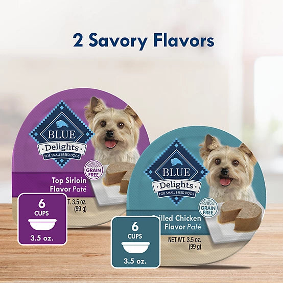 Blue Buffalo Delights Small Breed Adult Grain-Free Top Sirloin/Grilled Chicken Pate Wet Dog Food pk., 3.5 oz. Cup, pk. of 12