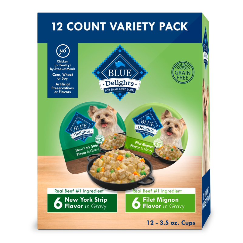 Blue Buffalo Delights Natural Adult Small Breed Wet Dog Food, Variety Pack, Made with Natural Ingredients, Filet Mignon & New York Strip Recipe in Hearty Gravy, 3.5-oz Cups (12 Count, 6 of Each)