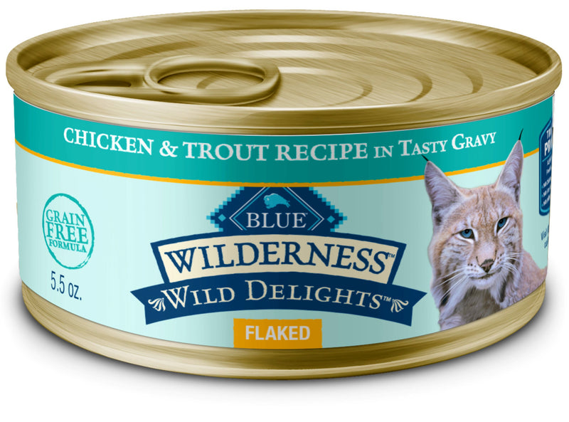 Blue Buffalo Wilderness Wild Delights Adult Flaked Wet Cat Food, High-Protein & Grain-Free, Chicken & Trout Recipe in Tasty Gravy, 5.5-oz. Can