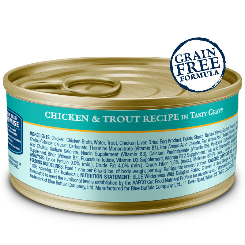 Blue Buffalo Wilderness Wild Delights Adult Flaked Wet Cat Food, High-Protein & Grain-Free, Chicken & Trout Recipe in Tasty Gravy, 5.5-oz. Can