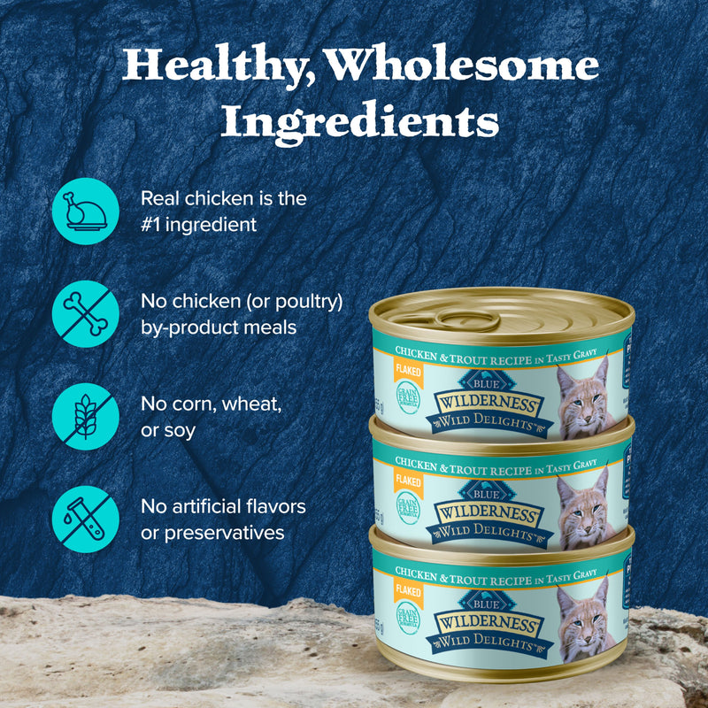Blue Buffalo Wilderness Wild Delights Adult Flaked Wet Cat Food, High-Protein & Grain-Free, Chicken & Trout Recipe in Tasty Gravy, 5.5-oz. Can
