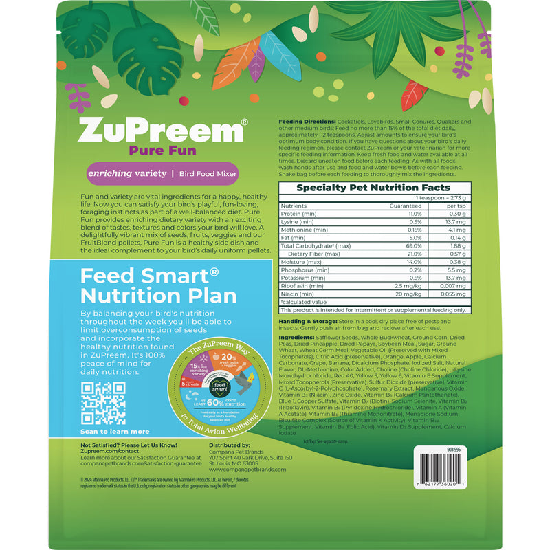 Zupreem Pure Fun Medium Bird Food 2lb- Love Birds, Quakers, Small Conures, Cockatiels