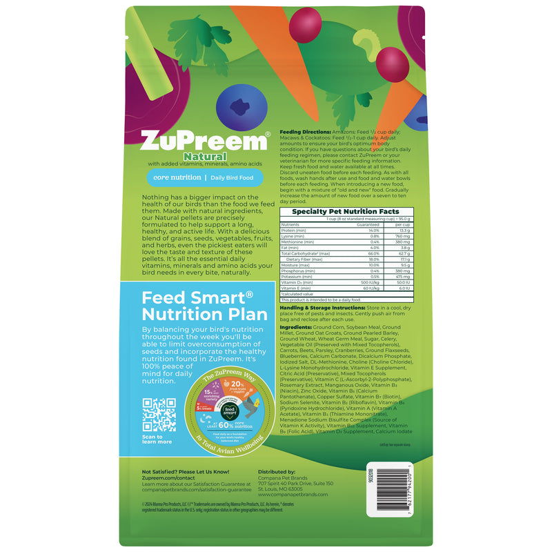 Zupreem Natural Food with Added Vitamins Minerals Amino Acids for Large Birds