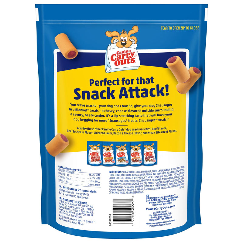 Canine Carry Outs Snausages in a Blanket Chewy Dog Treats, Beef & Cheese Flavor Back of Package