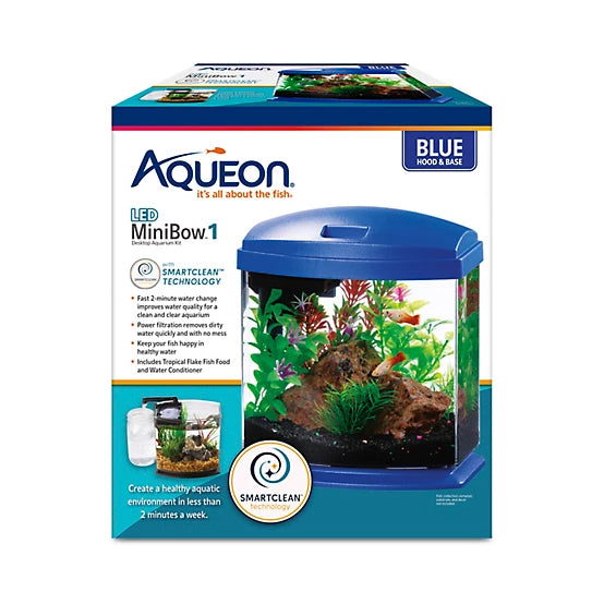 Aqueon Aquarium Kit Mini Bow Led Smart Clean, Blue, 1 gal.