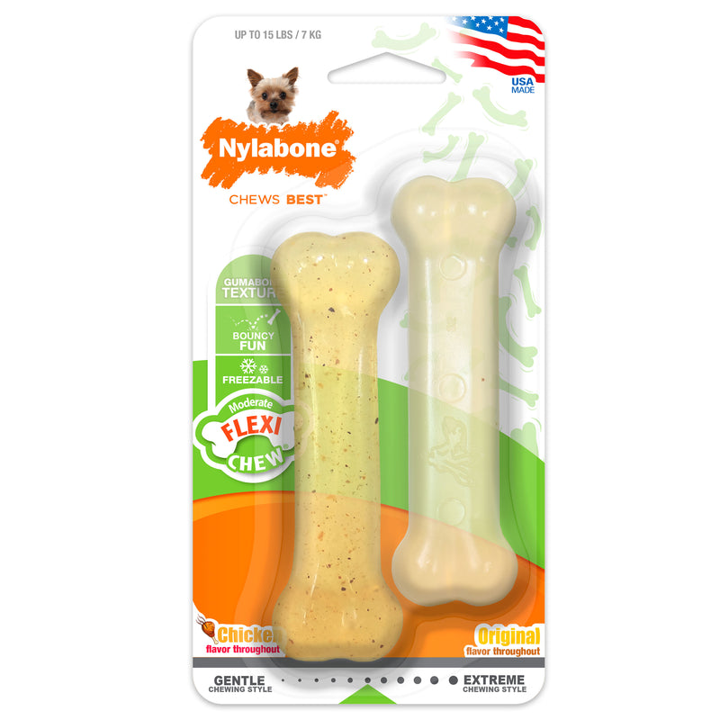 Nylabone FlexiChew Bone Dog Chew Toys Twin Pack Chicken X-Small up to 15 lbs.