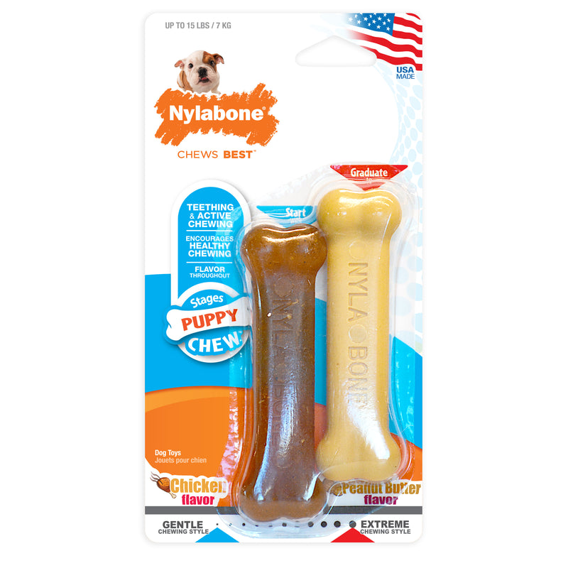 Nylabone Classic Puppy Chew Flavored Durable Dog Chew Toy Classic Bone Twin Pack Brown X-Small up to 15 lbs.