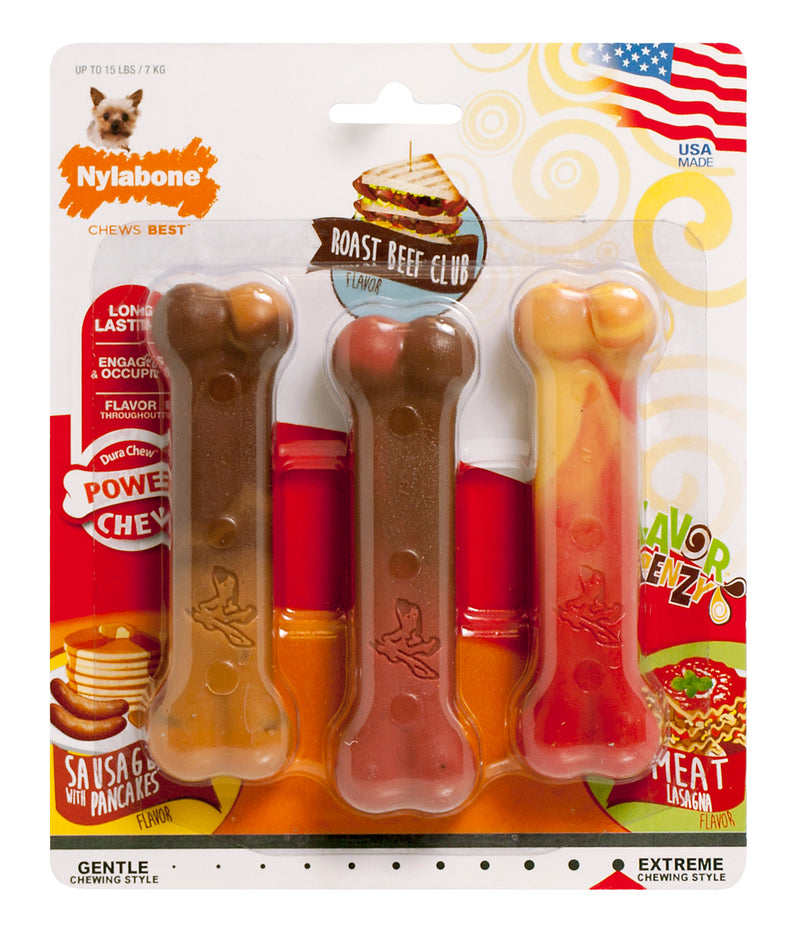 Nylabone Flavor Frenzy Power Chew Triple Pack Pancakes & Sausage, Roast Beef Club, & Lasagna X-Small up to 15 lbs.