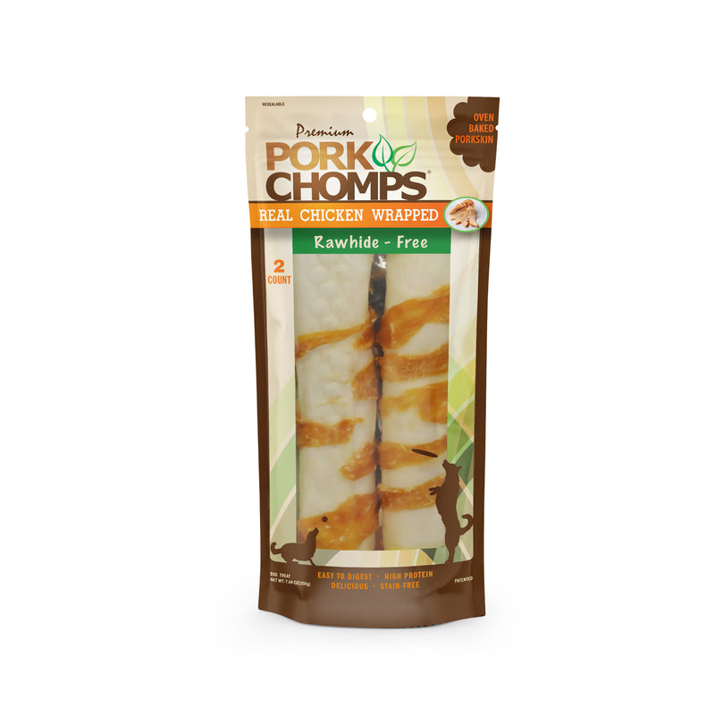 Pork Chomps 8" Baked Pork Skin Rolls with Real Chicken wrap, 2 count Dog Chews