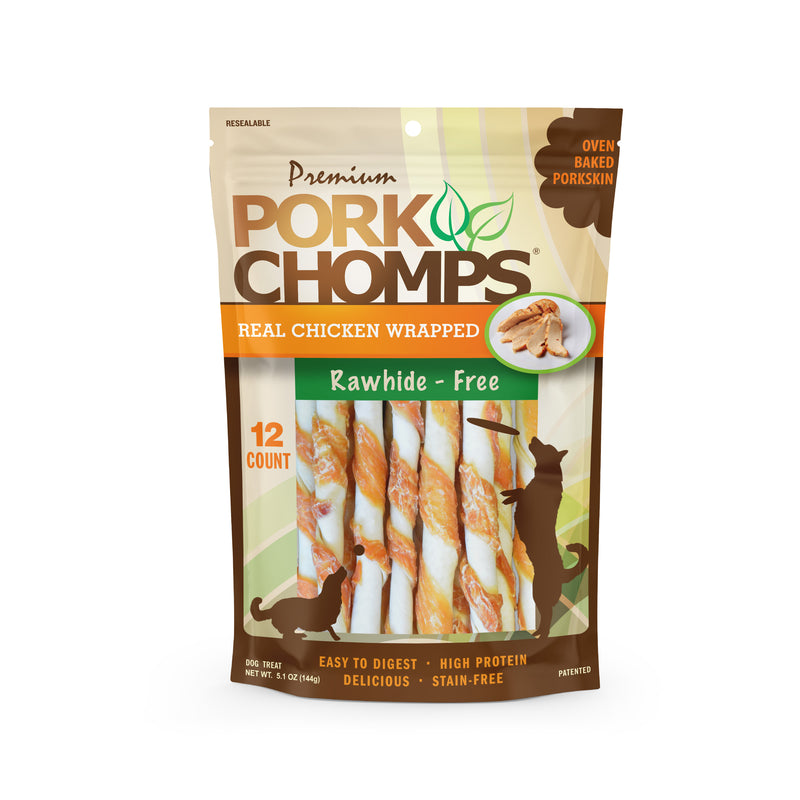 Pork Chomps 5-inch Baked Pork Skin Mini Twists with Real Chicken wrap, 12 Count Dog Chews