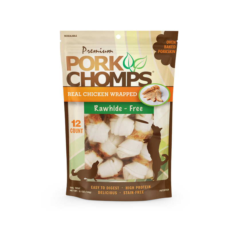 Pork Chomps 2.5-inch Baked Pork Skin Mini Knots with Real Chicken wrap, 12 Count Dog Chews