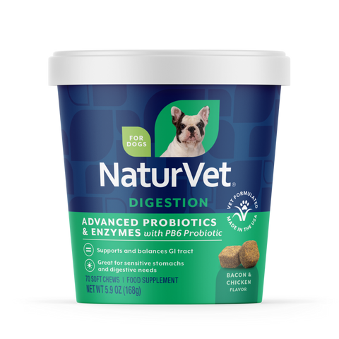 NaturVet Advanced Probiotics & Enzymes Digestion Supplement for Dogs, Bacon & Chicken Flavor, 70 Count