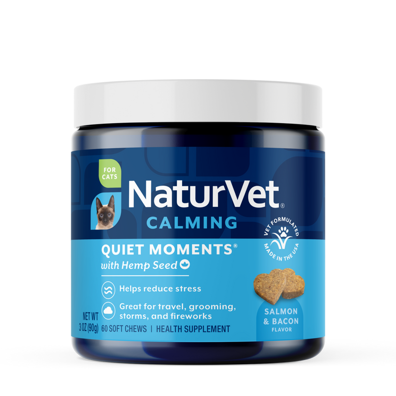 NaturVet Quiet Moments with Hemp Seed Calming Supplement for Cats, Salmon and Bacon Flavor, 60 Count