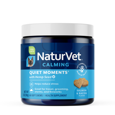 NaturVet Quiet Moments with Hemp Seed Calming Supplement for Cats, Salmon and Bacon Flavor, 60 Count
