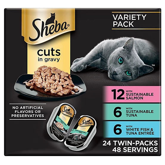 Sheba Perfect Portions All Life Stages Salmon/Tuna/White Fish Cuts Wet Cat Food Pack, 2.6 oz., Pack of 24 Twin-Pack Trays