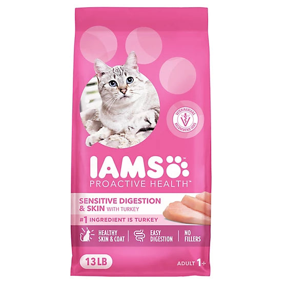 Iams Proactive Health Adult Indoor/Outdoor Sensitive Digestion and Skin Turkey Recipe Dry Cat Food, 13lb
