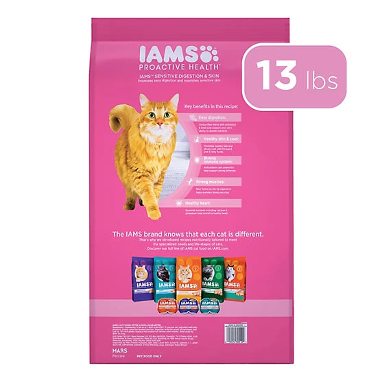 Iams Proactive Health Adult Indoor/Outdoor Sensitive Digestion and Skin Turkey Recipe Dry Cat Food, 13lb