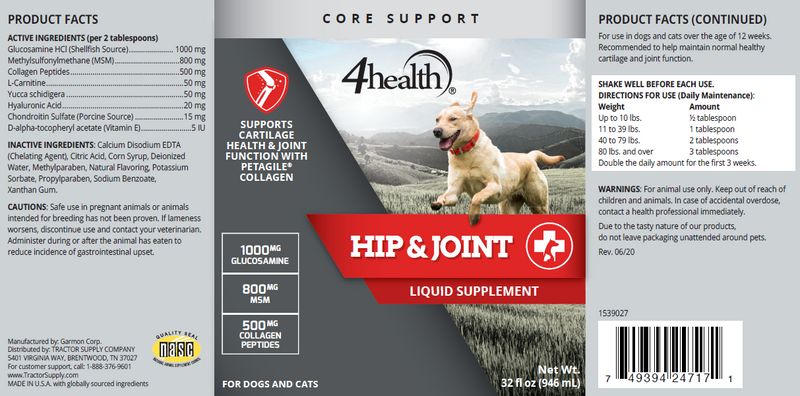 4health Hip and Joint Liquid Supplement for Dogs and Cats, 32 oz.