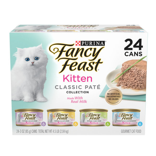 Purina Fancy Feast Tender Ocean Whitefish, Turkey, Chicken and Salmon Feasts Wet Kitten Food Variety Pack - (24) 3 oz. Cans