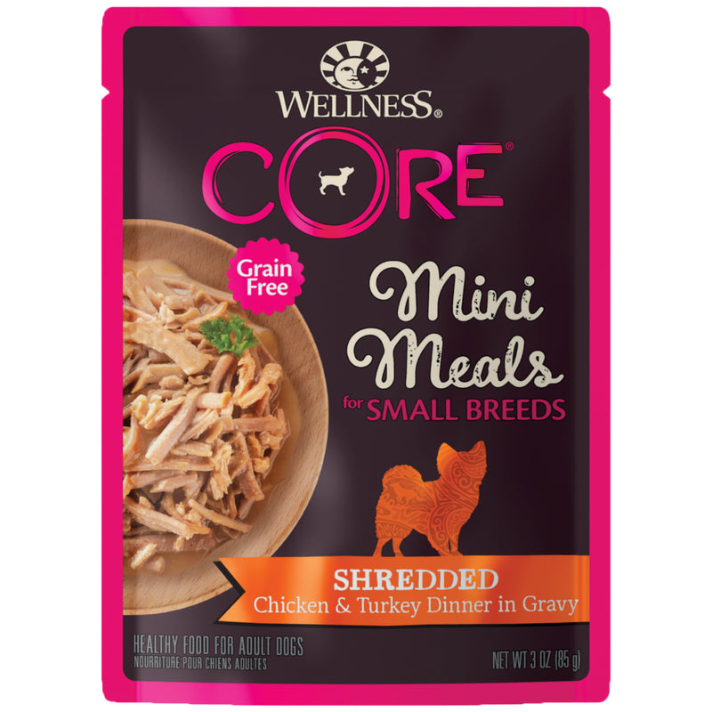 Wellness CORE Natural Grain Free Small Breed Mini Meals Wet Dog Food, Shredded Chicken & Turkey Dinner in Gravy, 3-Ounce Pouch