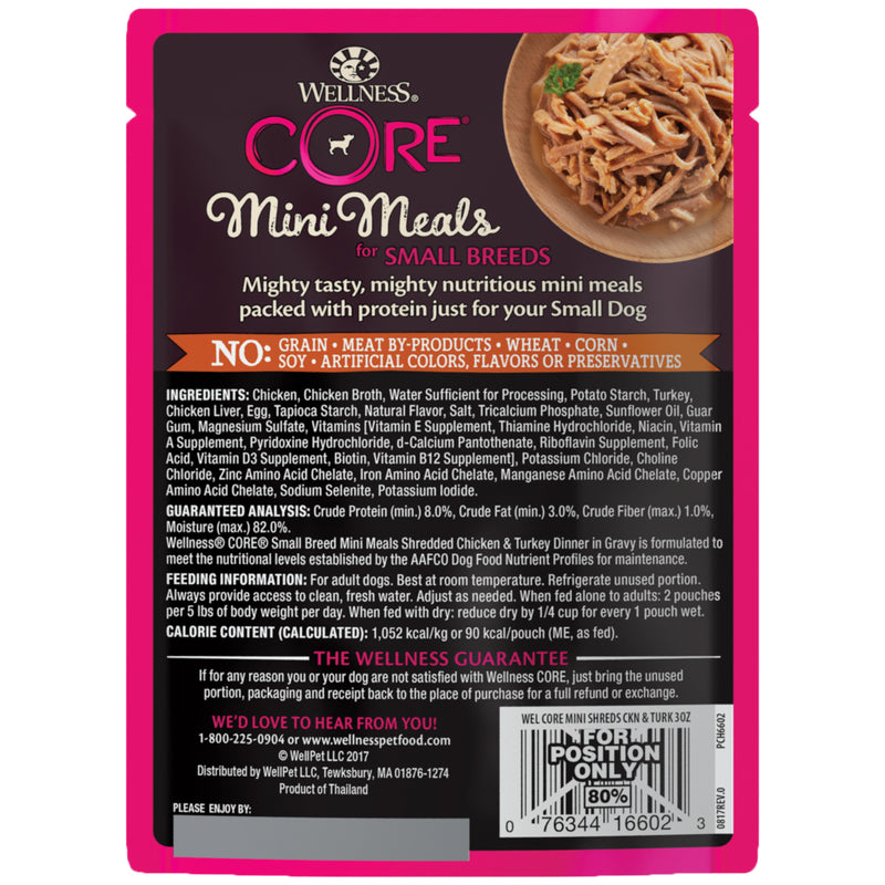 Wellness CORE Natural Grain Free Small Breed Mini Meals Wet Dog Food, Shredded Chicken & Turkey Dinner in Gravy, 3-Ounce Pouch