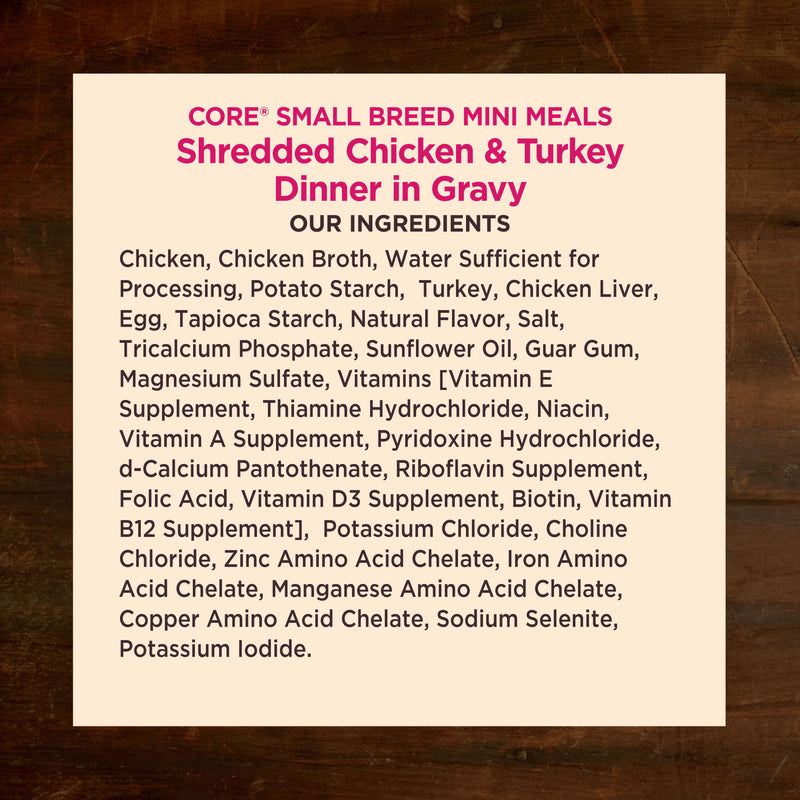 Wellness CORE Natural Grain Free Small Breed Mini Meals Wet Dog Food, Shredded Chicken & Turkey Dinner in Gravy, 3-Ounce Pouch