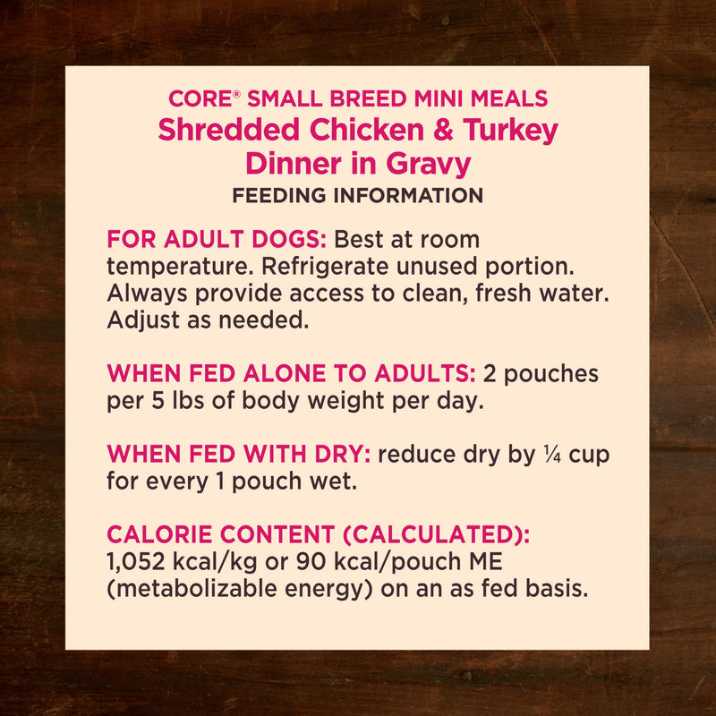 Wellness CORE Natural Grain Free Small Breed Mini Meals Wet Dog Food, Shredded Chicken & Turkey Dinner in Gravy, 3-Ounce Pouch