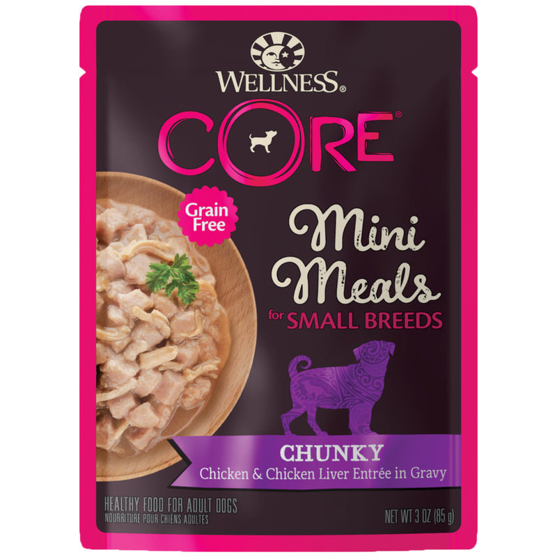 Wellness CORE Natural Grain Free Small Breed Mini Meals Wet Dog Food, Chunky Chicken & Chicken Liver Entrée in Gravy, 3-Ounce Pouch