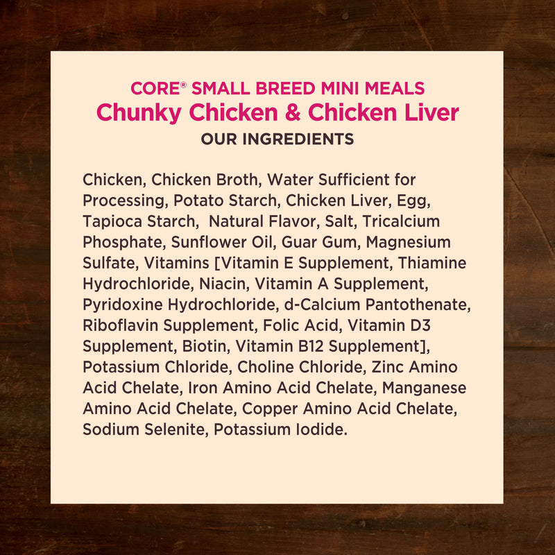 Wellness CORE Natural Grain Free Small Breed Mini Meals Wet Dog Food, Chunky Chicken & Chicken Liver Entrée in Gravy, 3-Ounce Pouch