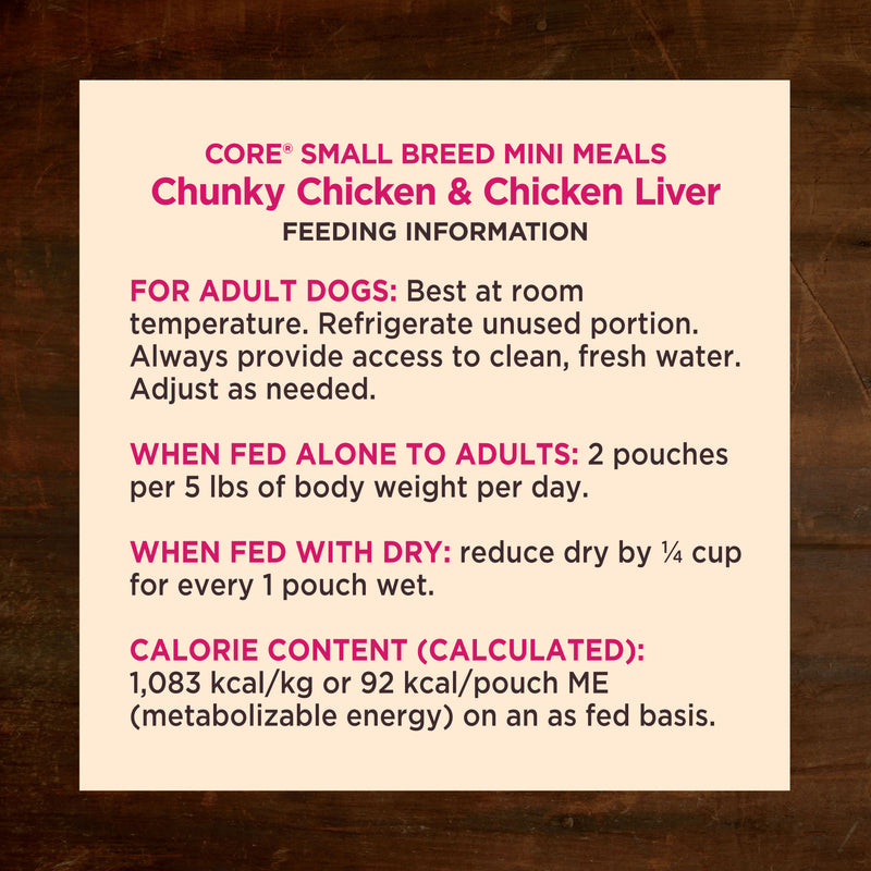 Wellness CORE Natural Grain Free Small Breed Mini Meals Wet Dog Food, Chunky Chicken & Chicken Liver Entrée in Gravy, 3-Ounce Pouch